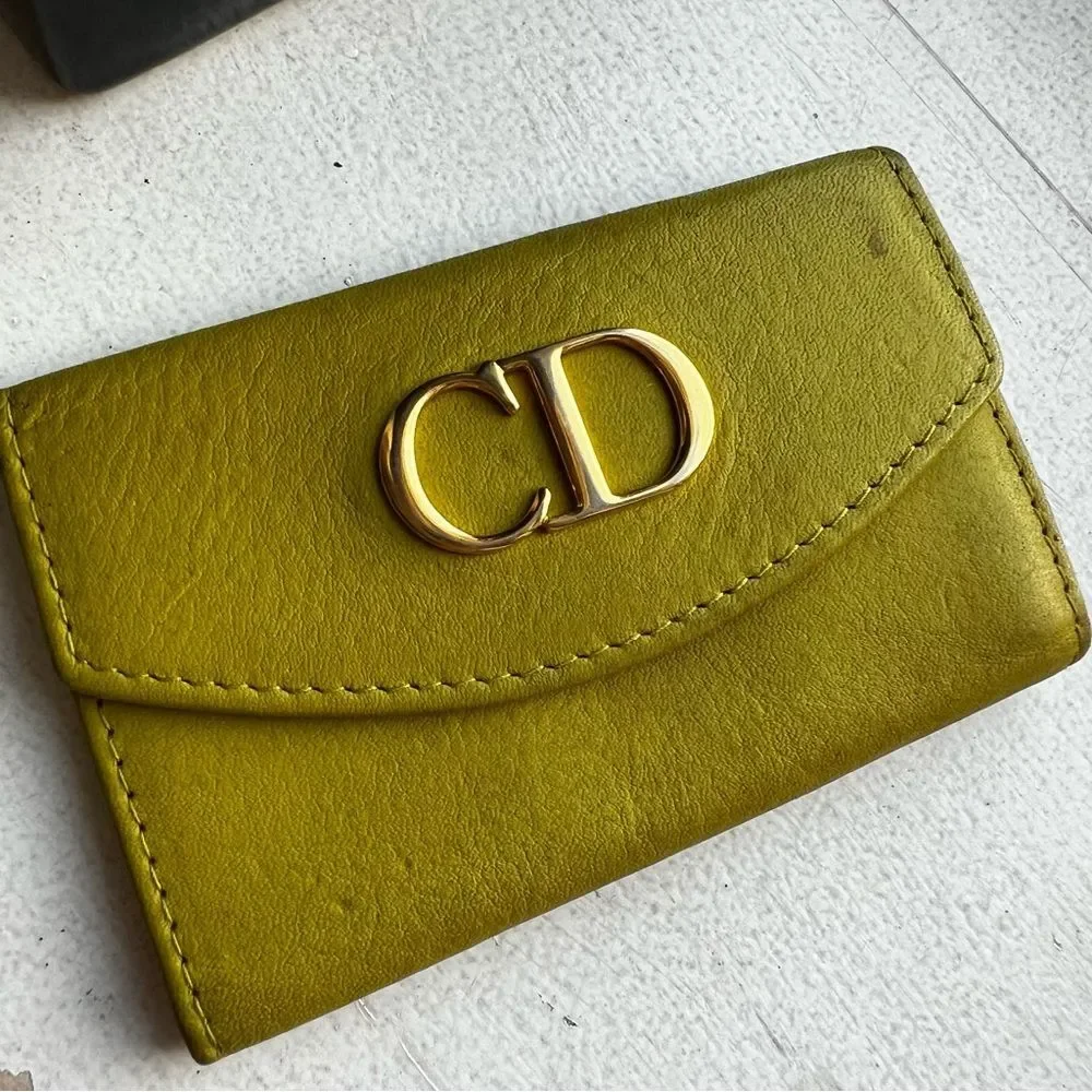 Christian Dior Key Holder, CD Compact Wallet Olive Green/Yellow Authentic